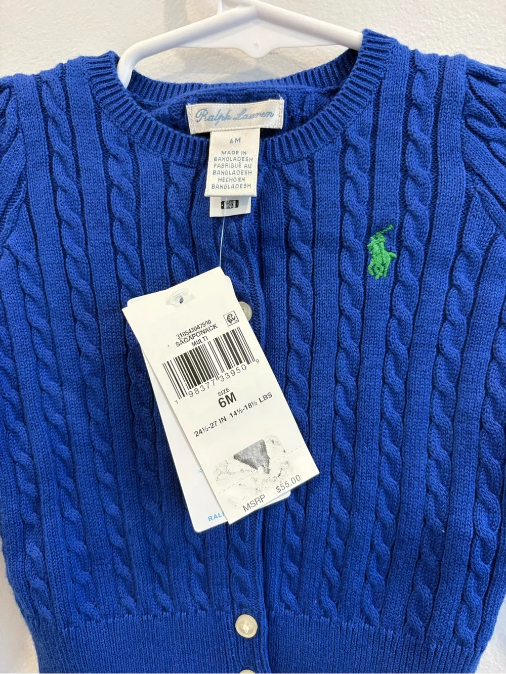 NWT Ralph Lauren Baby Girl Mini Cable Cotton Cardigan Blue 6M $55